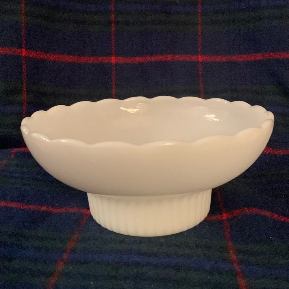 White milk glass  dish by E.O.Brody, 3.5 inches high.